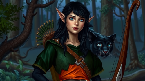 The Elven Archer and Her Panther in Forest