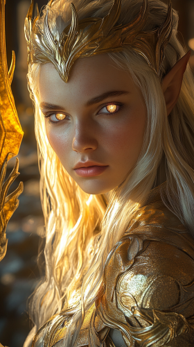 The Elven Queen with Golden Hair and Flaming Sword