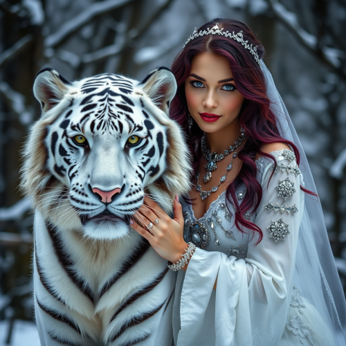 The Enchantress Stroking White Tiger in Winter