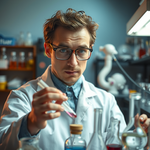 The Faceless Scientist Analyzing Beakers in Lab
