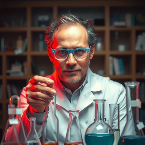 The Faceless Scientist Examining Beakers in Lab