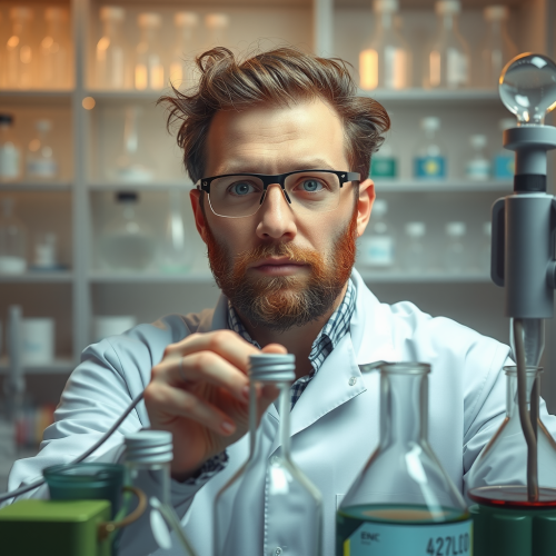 The Faceless Scientist Examining Beakers in Lab