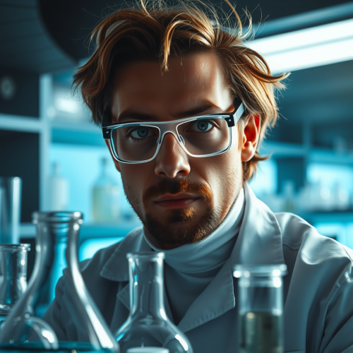 The Faceless Scientist Studying Beakers in Lab