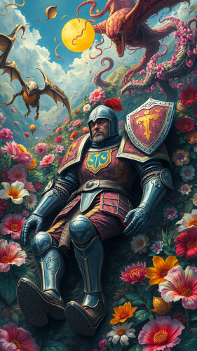 The Fallen Knight's Surreal Battle Amidst Chaos and Beauty