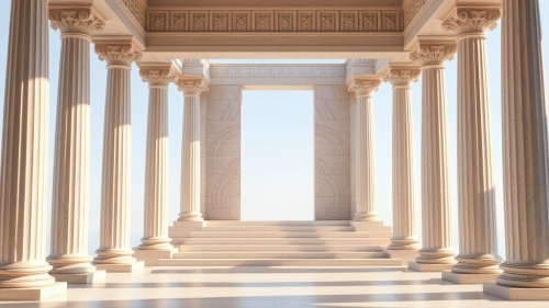 The Front View of Greek Columns and Staircase