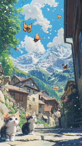 The Gentle Village of Grimentz with Kittens