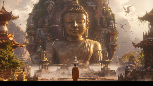 The Giant Buddha Surprises Tiny Wide-eyed Man