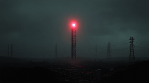 The Glowing Red Tower in the Rainy Landscape