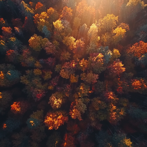 The Glowing Sunrise in Vibrant Autumn Forest