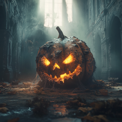 The Halloween jack-o'-lantern glowing in eerie cemetery