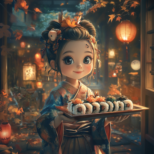 The Japanese Girl in Halloween Costume with Sushi