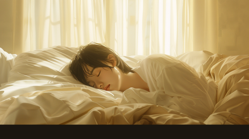 The Japanese woman peacefully sleeps in cozy bed.