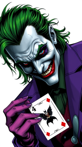The Joker Holding Batman Card in Purple Outfit