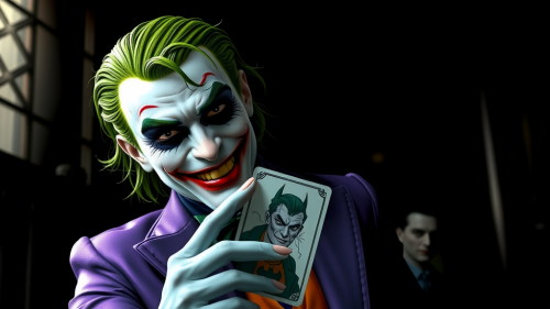 The Joker Holding Batman Card in Purple Outfit