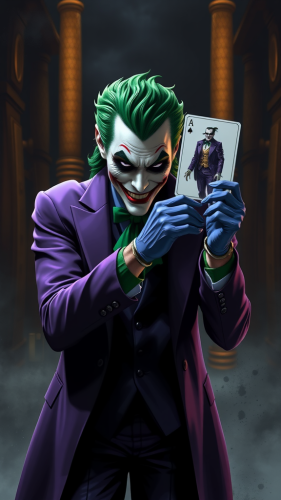 The Joker Holding Batman Card in Purple Outfit