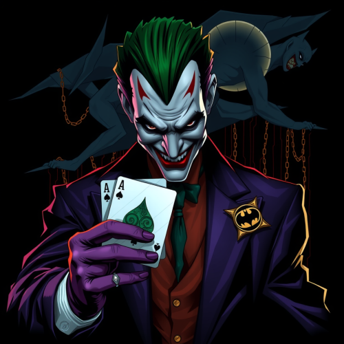 The Joker Holding Batman Card on Black Background