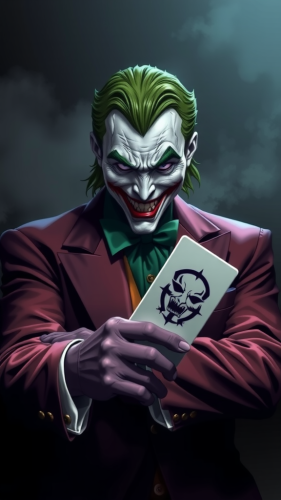 The Joker Holding Batman Card on Black Background