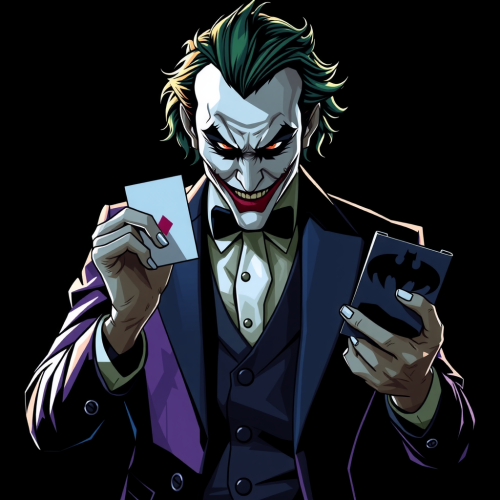 The Joker Holding Batman Card on Black Background