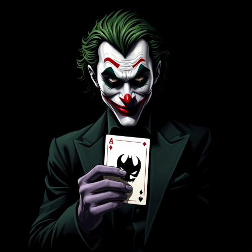 The Joker Holding Batman Card on Dark Background