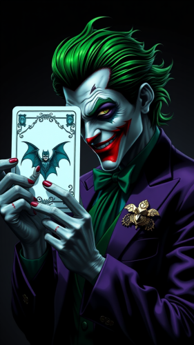 The Joker Holding Batman Card with Green Hair