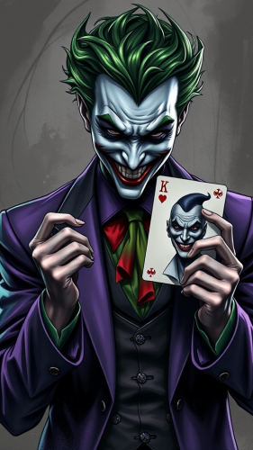 The Joker Holding Batman Joker Card in Purple