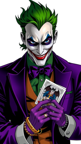 The Joker holding Batman card with Green Hair