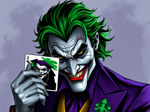 The Joker with Green Hair Holding Batman Card