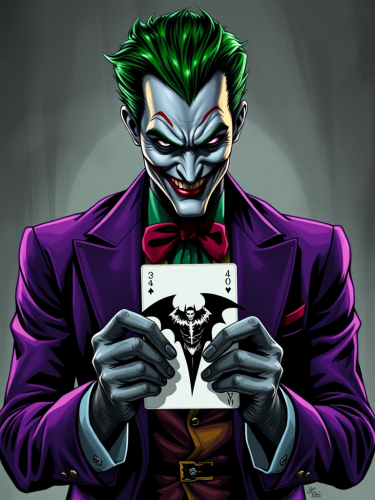 The Joker with Green Hair Holding Batman Card