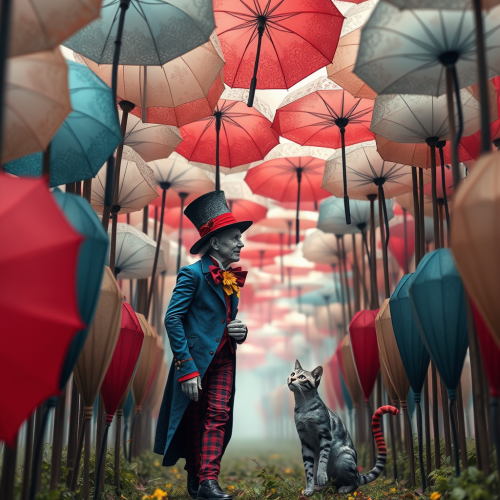 The Mad Hatter with Cheshire Cat in Abstract Umbrella Grove
