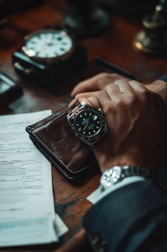 The Man's desk with expensive watch and documents