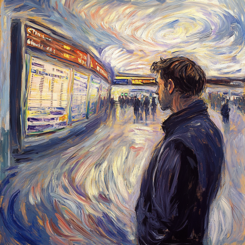 The Man at Airport with Vibrant, Swirling Energy