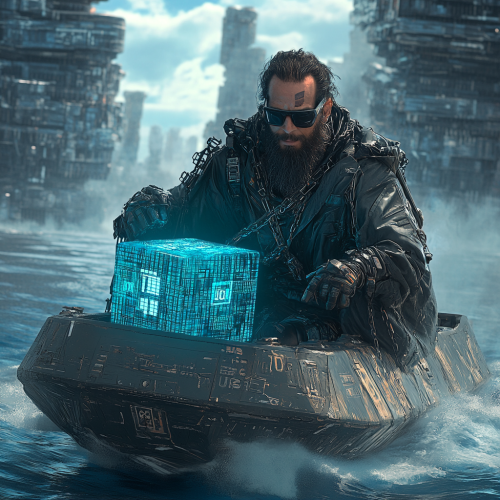 The Man in Cyberpunk Boat with Blue Cube. The Man in Cyberpunk Boat with Blue Cube.