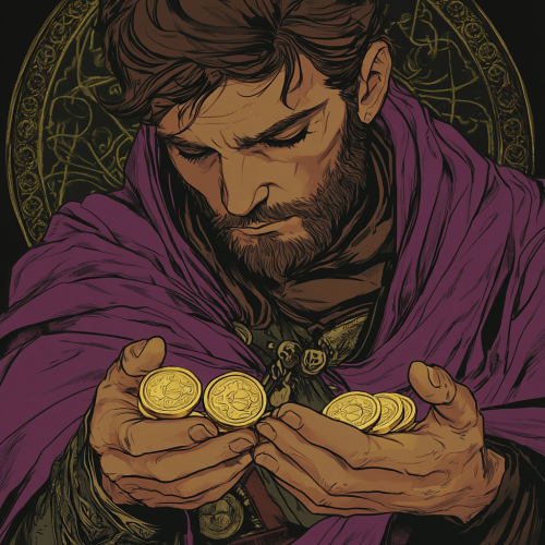 The Merchant Holds 3 Gold Coins in Tarot Card.