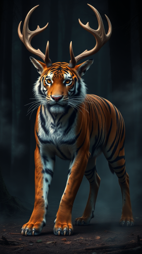 The Mighty Tiger-Deer in Shadowy Forest.