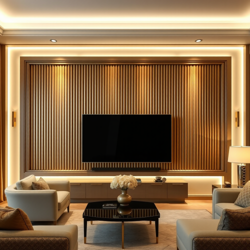 The Modern Living Room with Gold Fluted Wall
