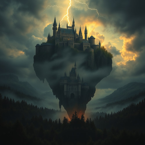 The Mysterious Floating Island Castle under Lightning Sky