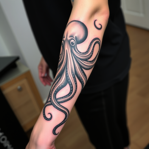 The Octopus Arm Sleeve Tattoo in Black and Grey