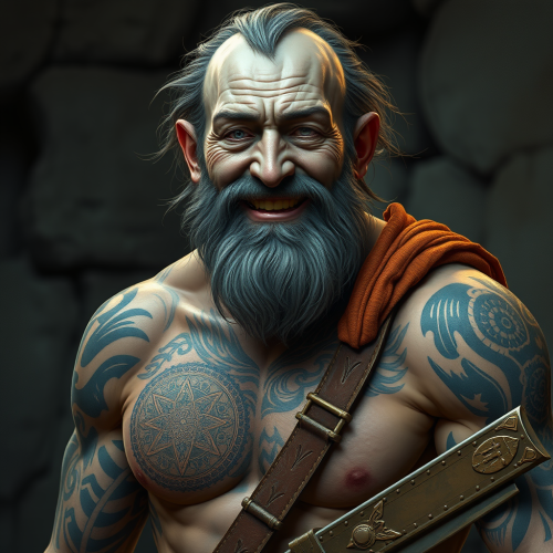 The Old Blacksmith with Blue Skin and Tattoos