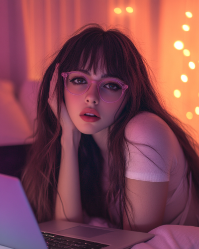 The Pretty Girl with Glasses Watching Laptop at Night