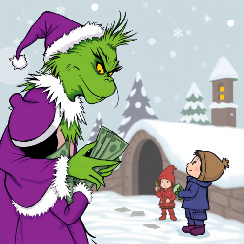 The Purple Grinch Distributing Money to Children