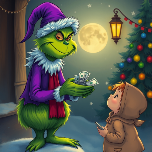 The Purple Grinch Generously Distributing Money to Kids