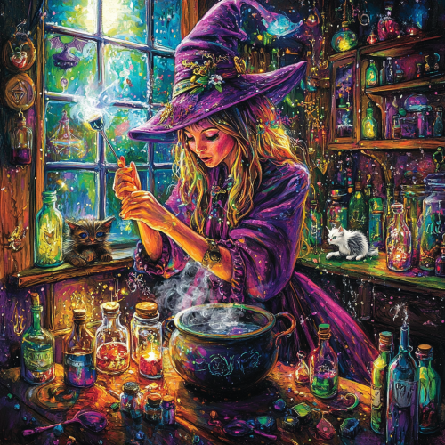 The Purple Witch Mixing Potions in House