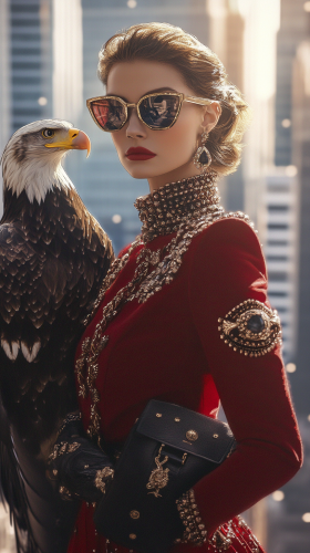 The Queen poses with eagle in city.