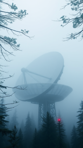 The Red-Lit Satellite Dish in Foggy Forest