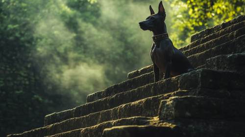 The Regal Xoloitzcuintle on Aztec Pyramid