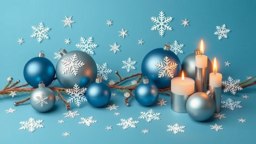 The Seasonal Greeting Card with Blue Holiday Decorations