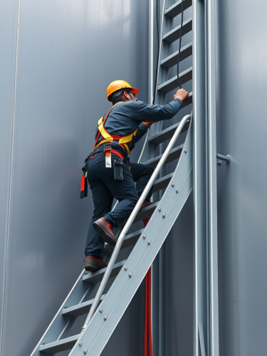 The Steel Worker Climbing Safety Stairs in 3D