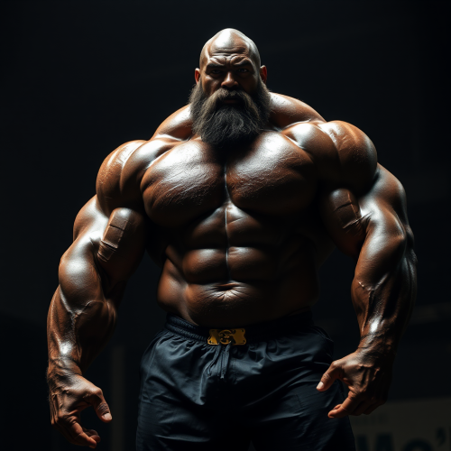 The Strong Black Giant Bodybuilder's Muscles Flexed