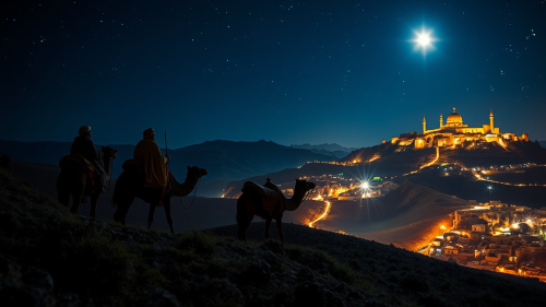 The Three Wise Men Approaching Bethlehem under Starry Sky