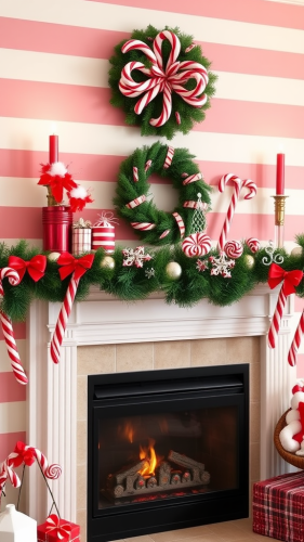 The Vibrant Candy Cane Themed Fireplace Mantle